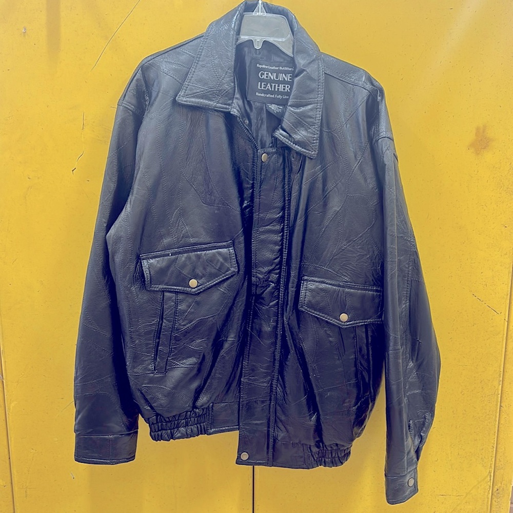 Vintage Mens Napoline Patch Quilt Leather Jacket Black Snap Pockets Size XLarge